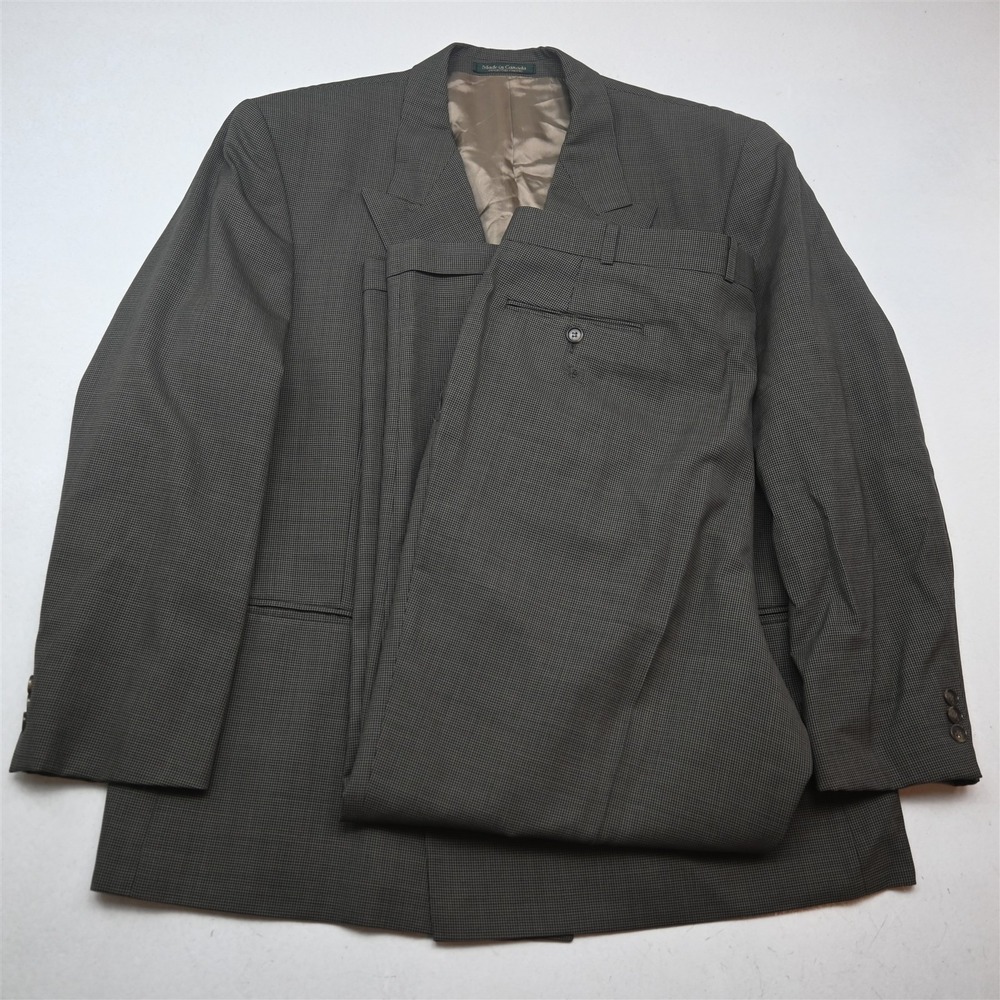 Vtg Mens Double Breasted 46R 38x30 Brown Houndstooth 100% Wool Mens Suit